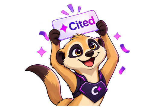 CopyKat mascot holding a Cited badge